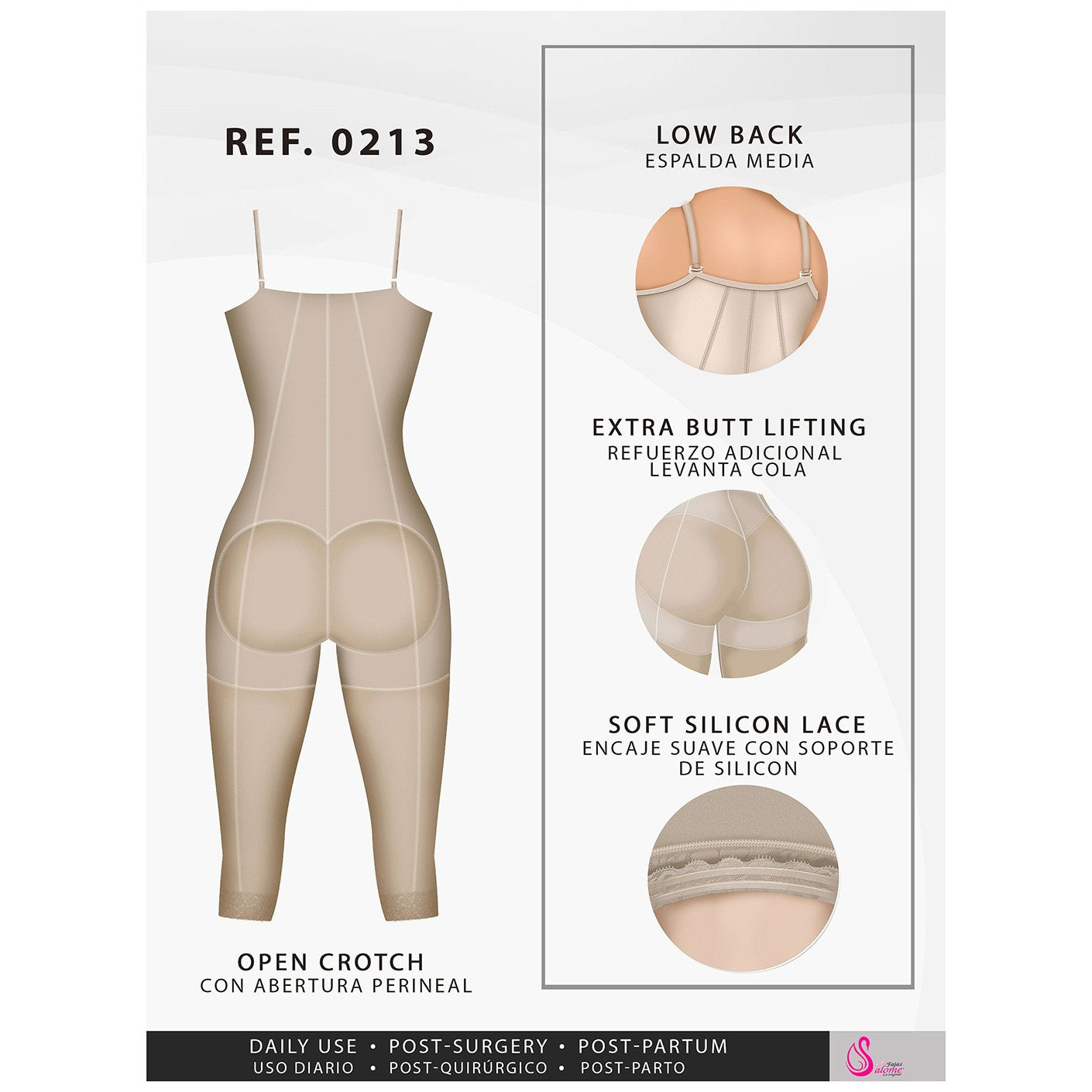 Fajas Salome 0213, Post Surgery Butt Lifter Full Bodysuit, Open Bust Knee Length  Body Shaper for Women
